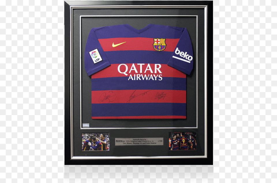 Lionel Messi Neymar Jr Amp Luis Suarez Signed Barcelona Neymar Autographed Jersey Jr Qatar Airways Nike, Clothing, Shirt, Person, T-shirt Free Png Download