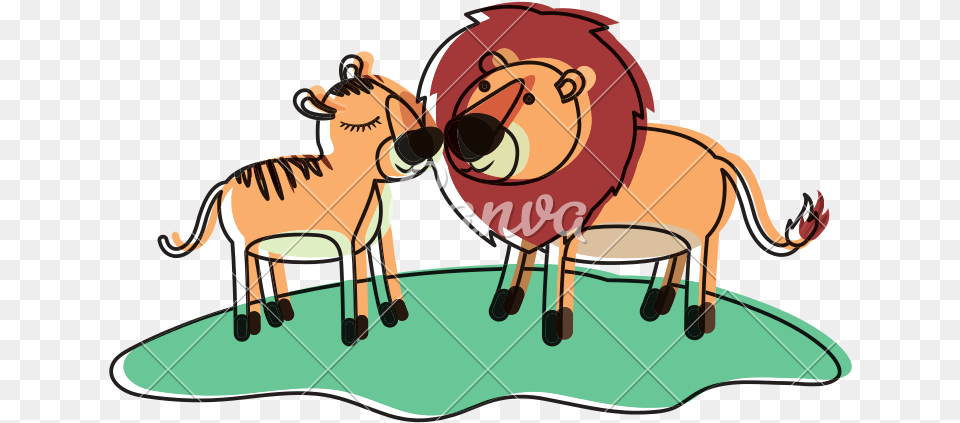 Lions Couple Over Grass In Watercolor Silhouette Icons By Cartoon, Animal, Mammal Png Image