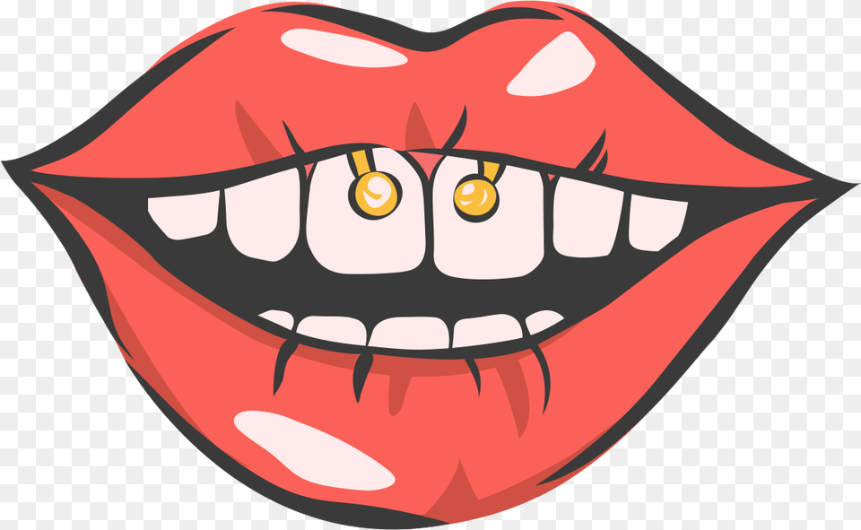 Lips Decal Lips Cartoon With Piercing, Teeth, Person, Mouth, Body Part Free Png Download