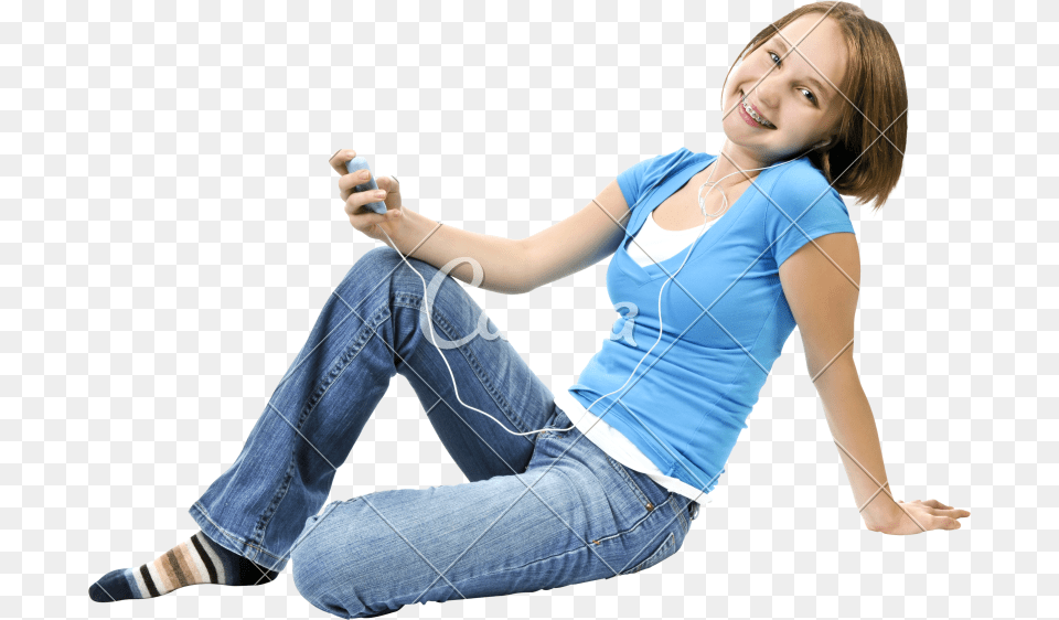 Listening To Music Photos Sitting, Pants, Photography, Clothing, Person Free Png Download