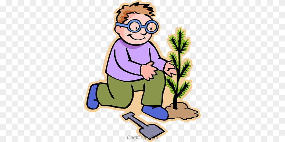 Little Boy Planting A Sapling Royalty Vector Clip Art, Outdoors, Garden, Nature, Gardening Png Image