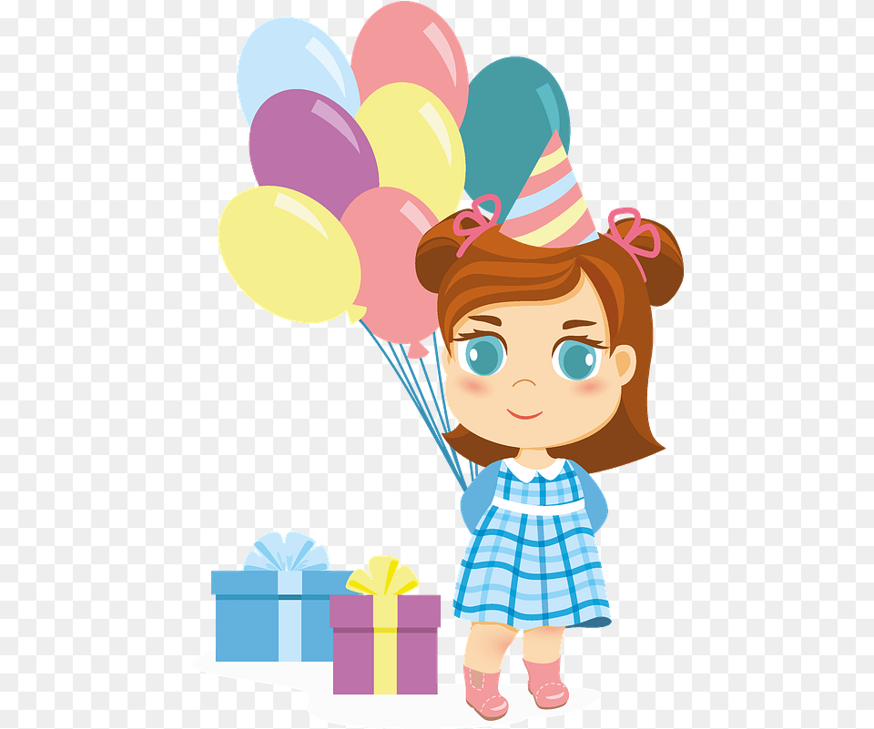 Little Girl Birthday Clipart Transparent Cartoon, Clothing, Hat, Balloon, People Free Png Download