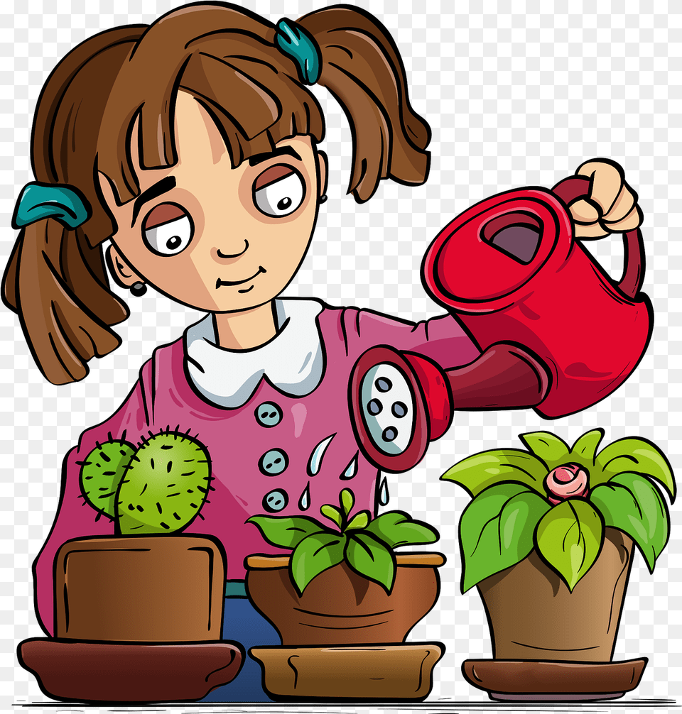 Little Girl Waters The Flowers Vector Characters Graphics Present Perfect Tense Examples, Pot, Cookware, Face, Person Free Transparent Png