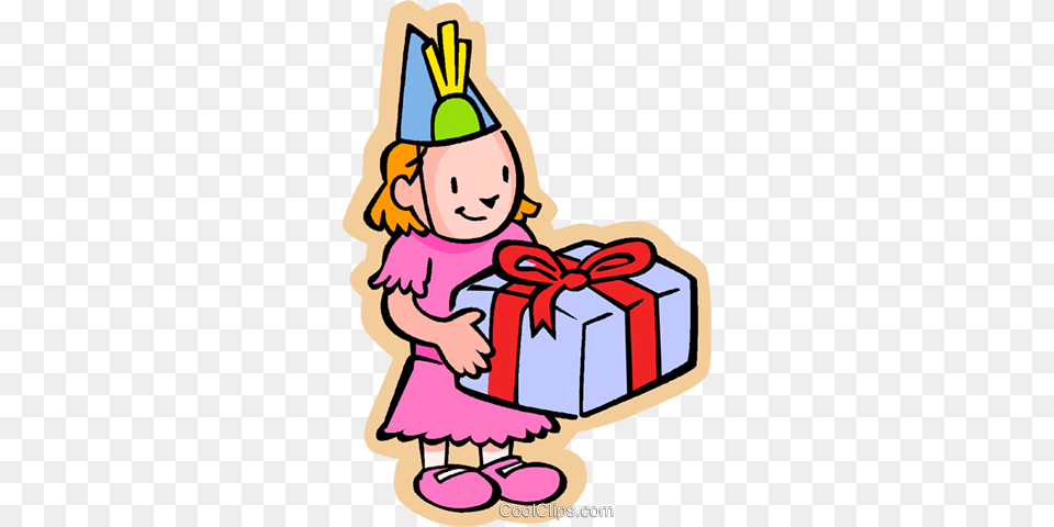Little Girl With Birthday Gift Royalty Free Vector Clip Art, Clothing, Hat, Face, Head Png Image