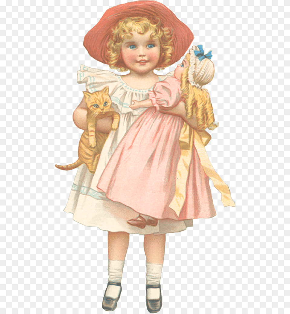 Little Girl With Cat And Doll Victorian Scrap Doll Vintage, Clothing, Hat, Person, Baby Free Png