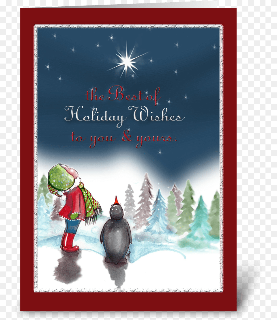 Little Girl With Penguin Holiday Card Christmas Card, Publication, Animal, Bird, Book Free Transparent Png