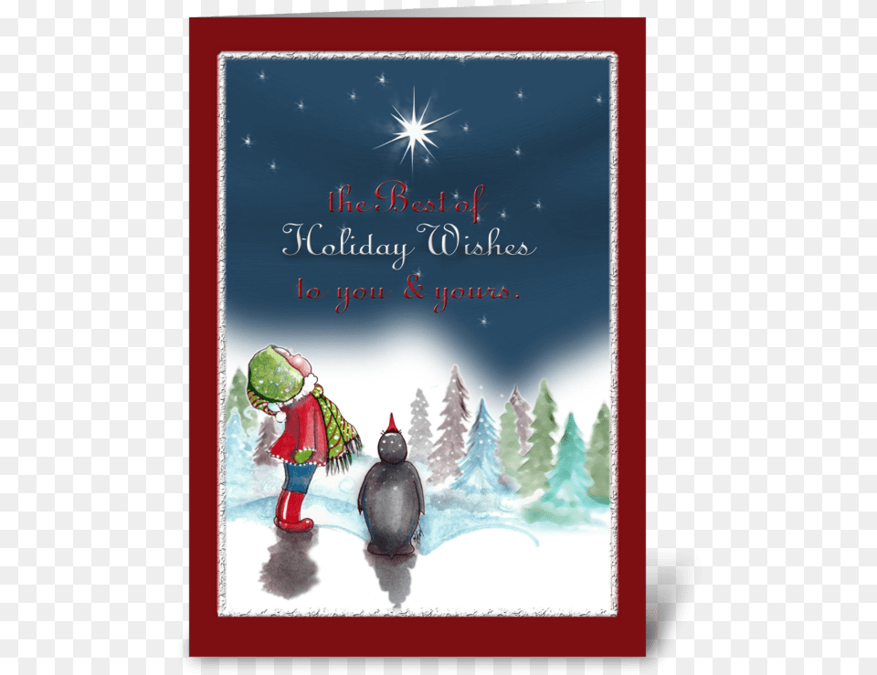 Little Girl With Penguin Holiday Card Greeting Card, Publication, Book, Advertisement, Bird Png Image