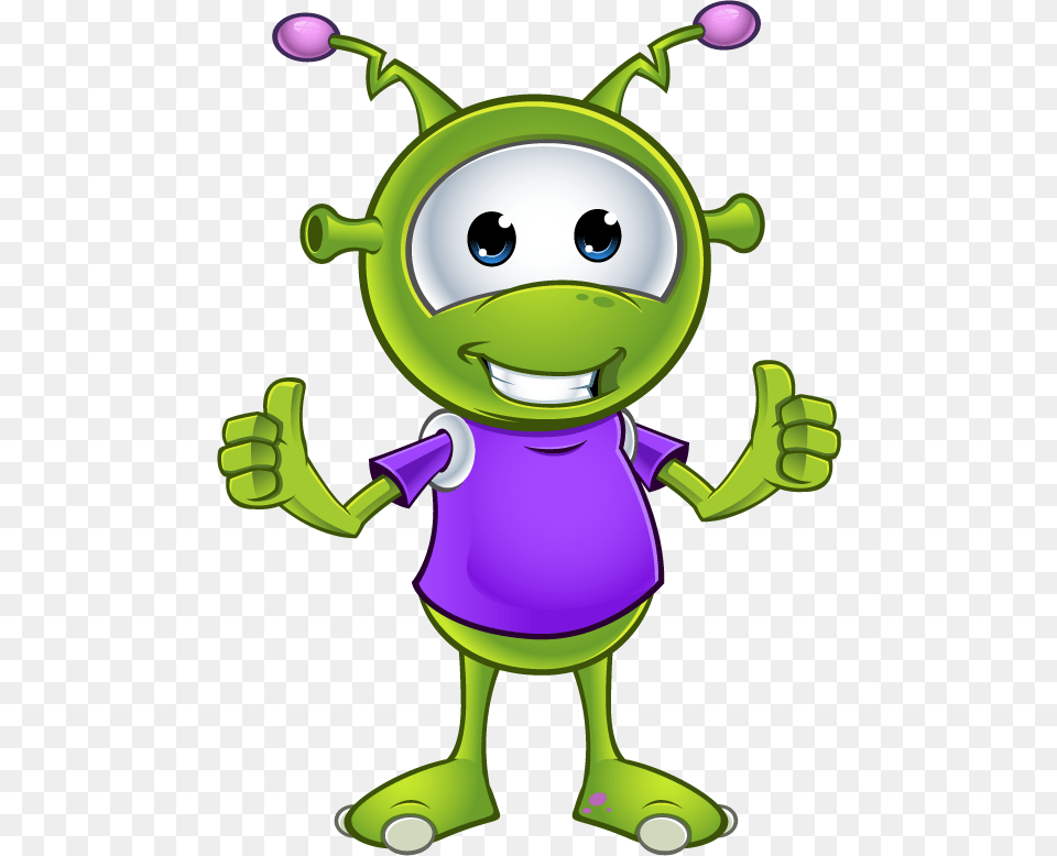 Little Green Alien Two Thumbs Up Cute Alien Cartoon, Purple, Nature, Outdoors, Snow Png Image