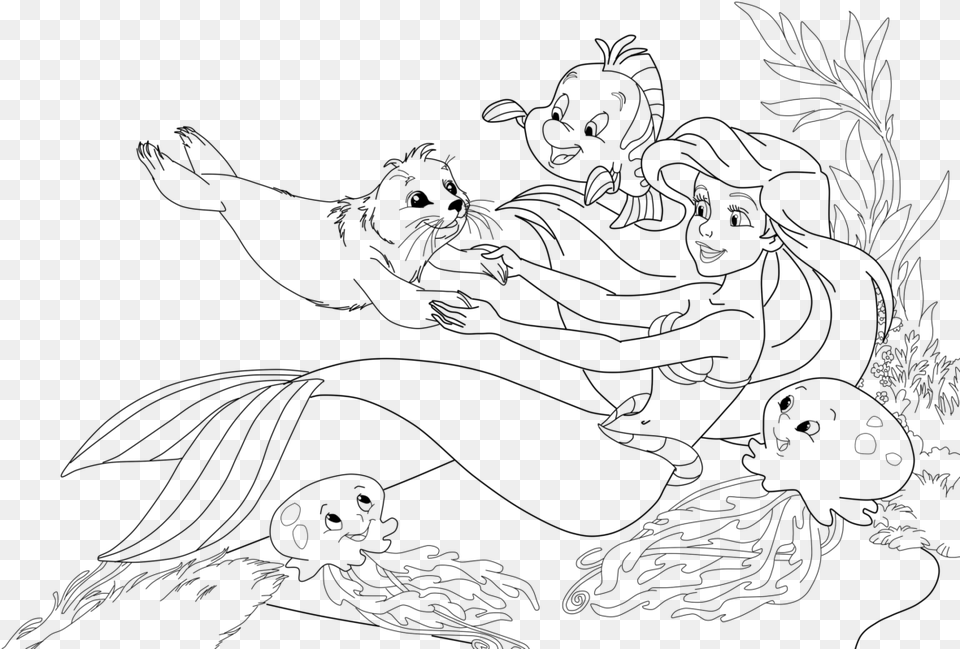 Little Mermaid Coloring Pages Mermaid Friends Coloring Pages, Gray Free Transparent Png