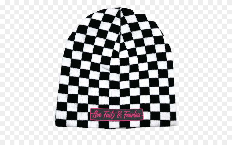 Live Fast Fearless Embroidered Checkered Beanie Princess Race Wear, Cap, Clothing, Hat, Person Free Png Download