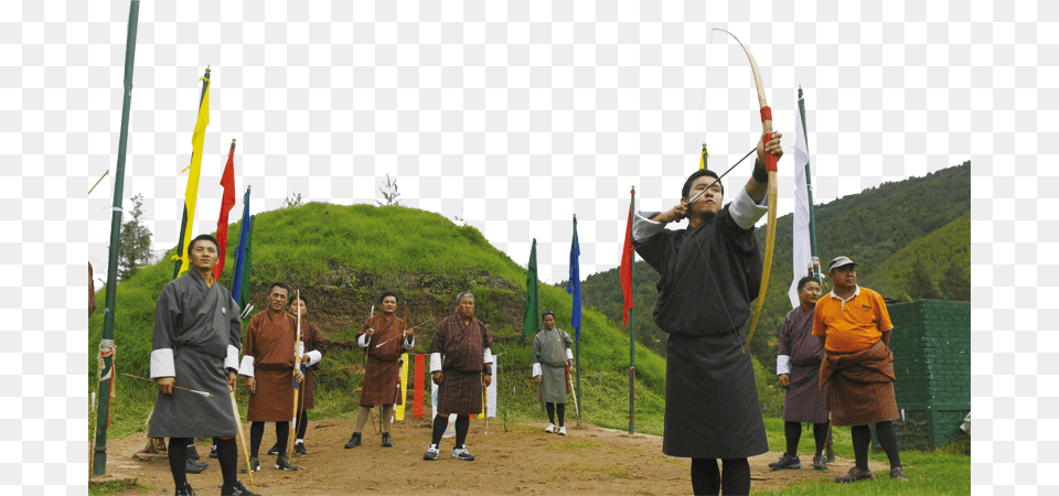 Living By The Bow And Arrow In Bhutan Changlimithang Archery Ground, Weapon, Archer, Sport, Person Png Image