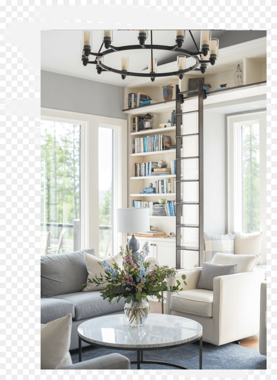 Living Room With Bookcase And Ladder Interior Designs Living Room, Architecture, Living Room, Indoors, Table Png Image