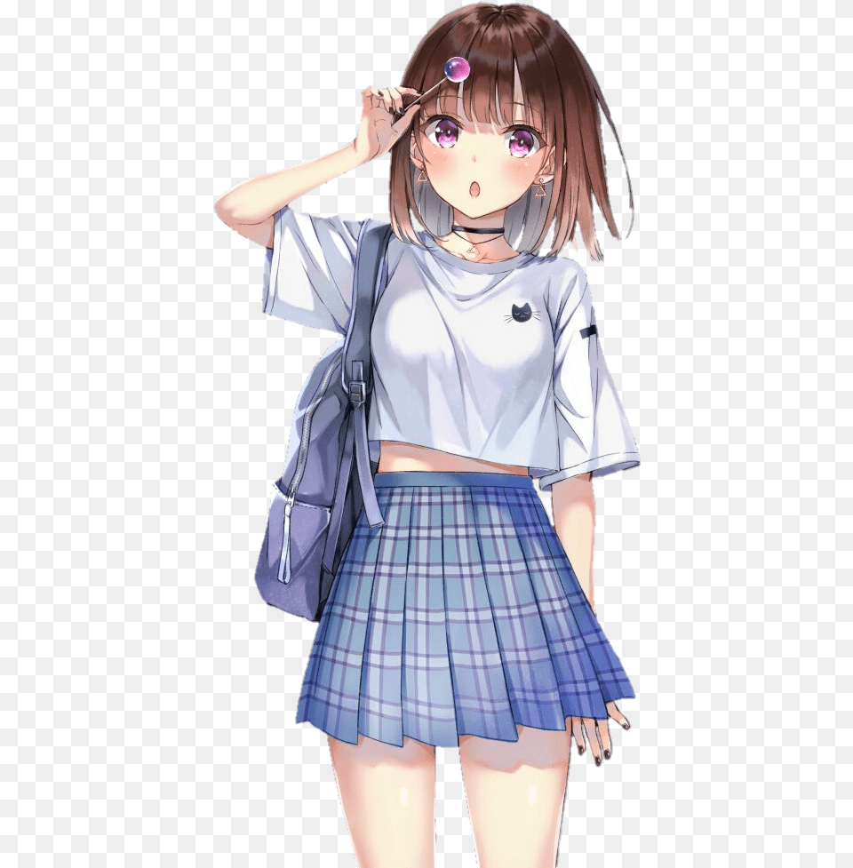 Lollipop Animegirl Girl Anime Cute Colorful Handpainted Anime Girl Wearing T Shirt, Book, Clothing, Comics, Skirt Png Image
