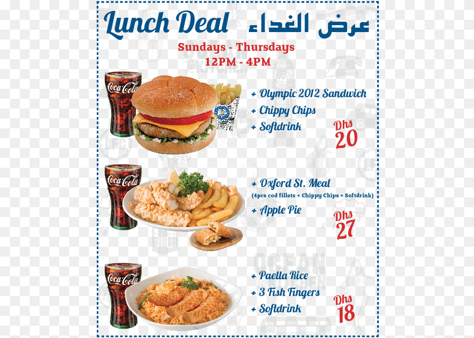 London Fish Amp Chips Offers Lunch Deal Sundays Thursdays Fish And Chips Offers, Advertisement, Burger, Food, Meal Free Png Download