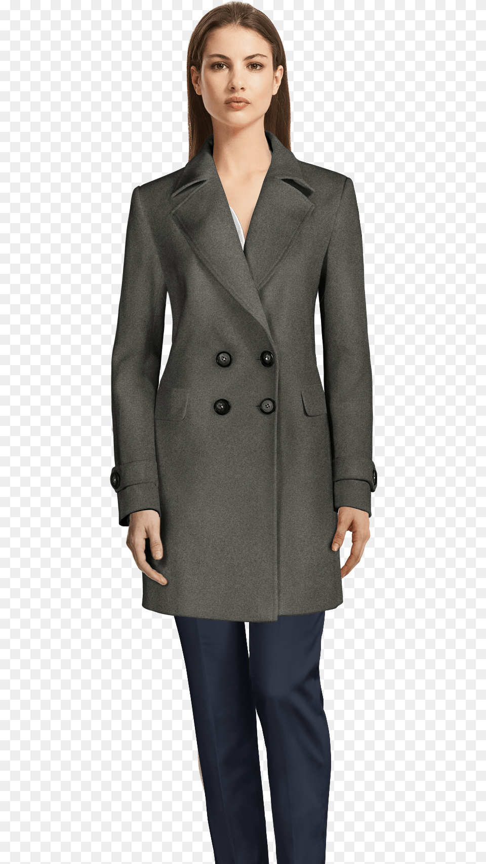 Long Light Grey Wool Trench Coat With Wide Lapels Tartan Funnel Neck Coat, Clothing, Overcoat, Jacket, Adult Png Image