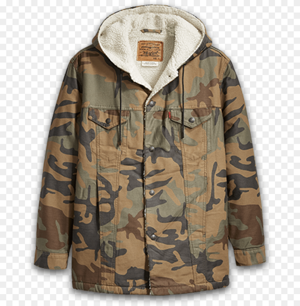 Long Sherpa Hooded Trucker Jacket, Clothing, Coat, Military, Military Uniform Png Image