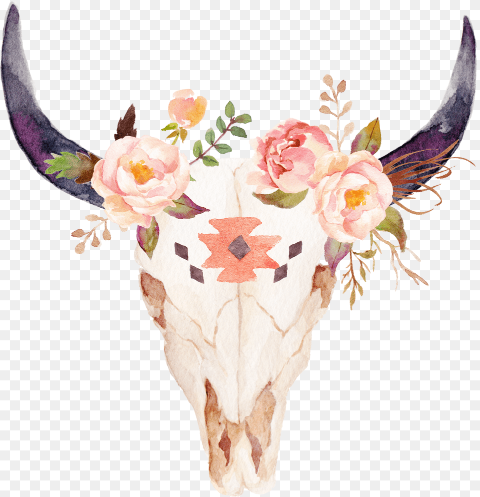 Longhorn Skull With Flowers, Rose, Plant, Flower, Pattern Free Png
