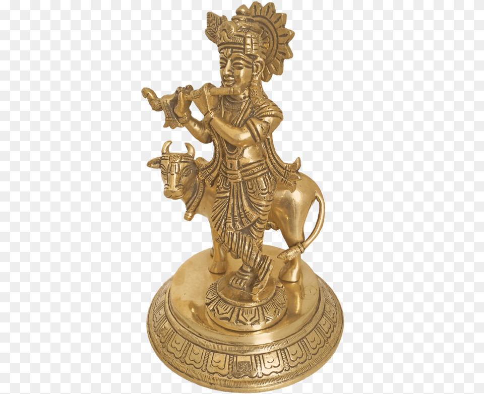 Lord Krishna Playing Flute With Beautiful Cow Brass Brass, Bronze, Person, Face, Head Free Png Download