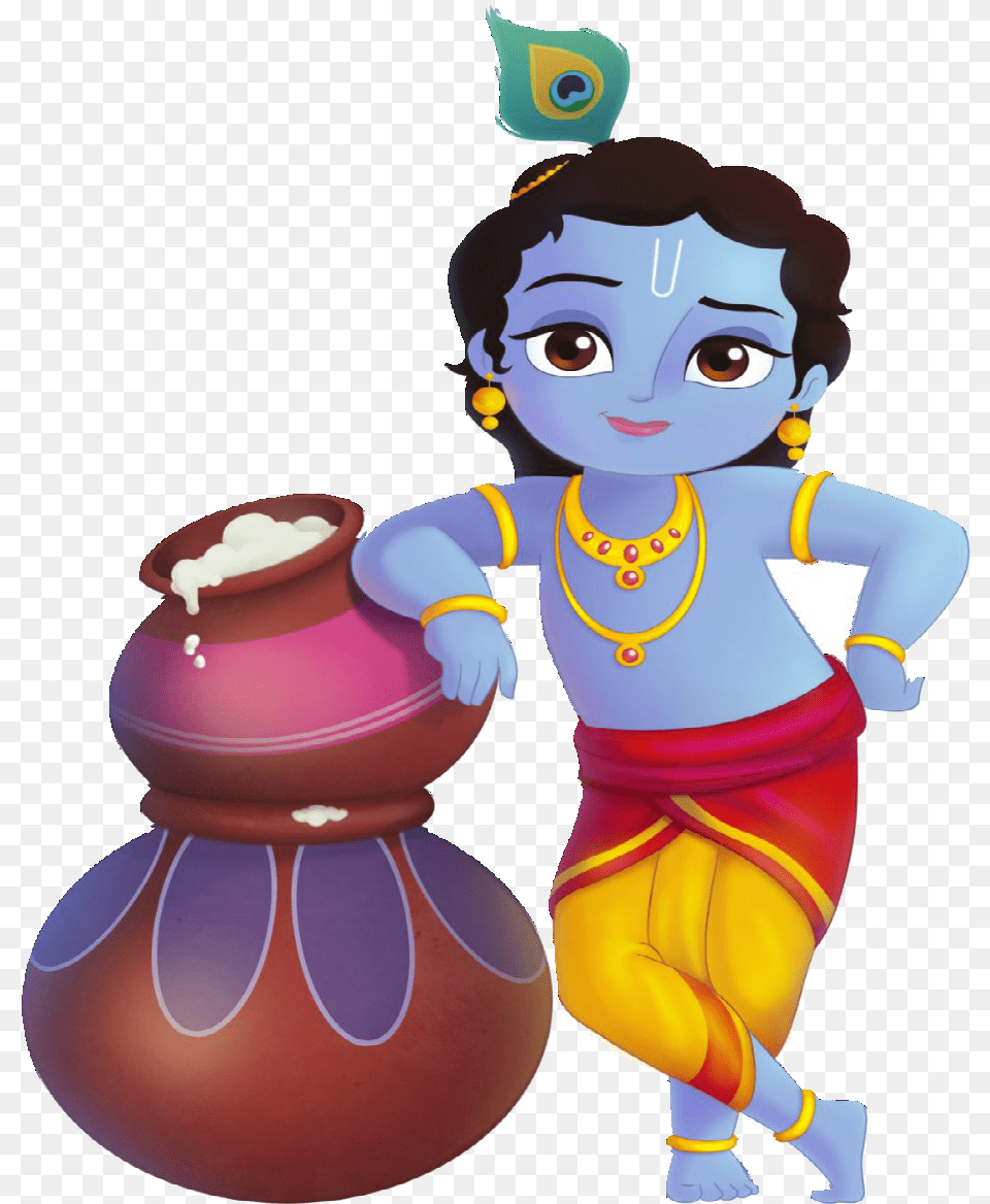 Lord Krishna Standing With Makhan Little Krishna Cartoon, Baby, Person, Face, Head Free Png