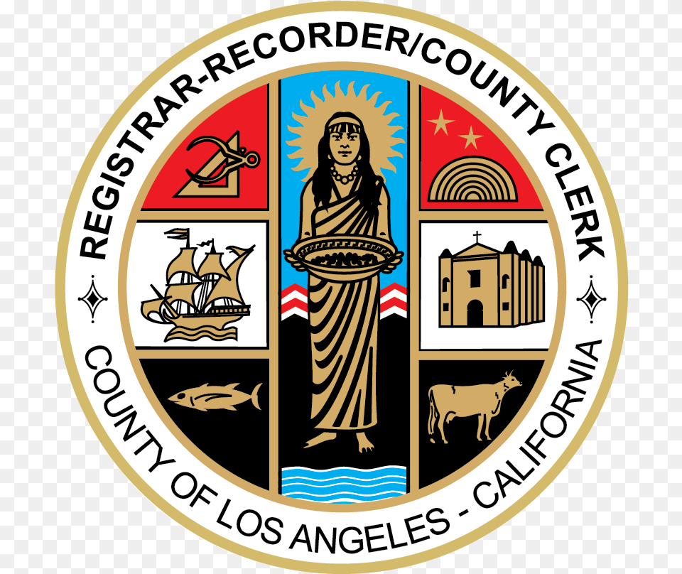 Los Angeles County Registrar Recorder County Clerk Seal Of Los Angeles County California, Logo, Adult, Symbol, Person Png Image