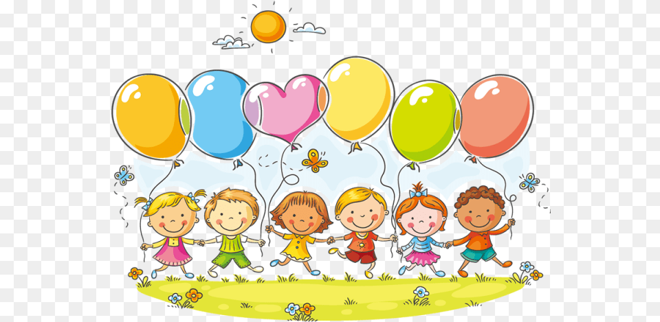 Los Ni Os Y Background Kids Cartoon With Balloons, Balloon, People, Person, Baby Png Image