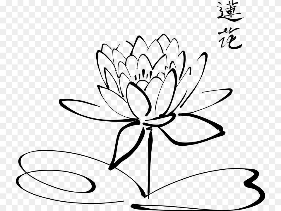 Lotus Flower Calligraphy Chinese Fleur Blossom Water Lily Coloring Pages, Gray Png