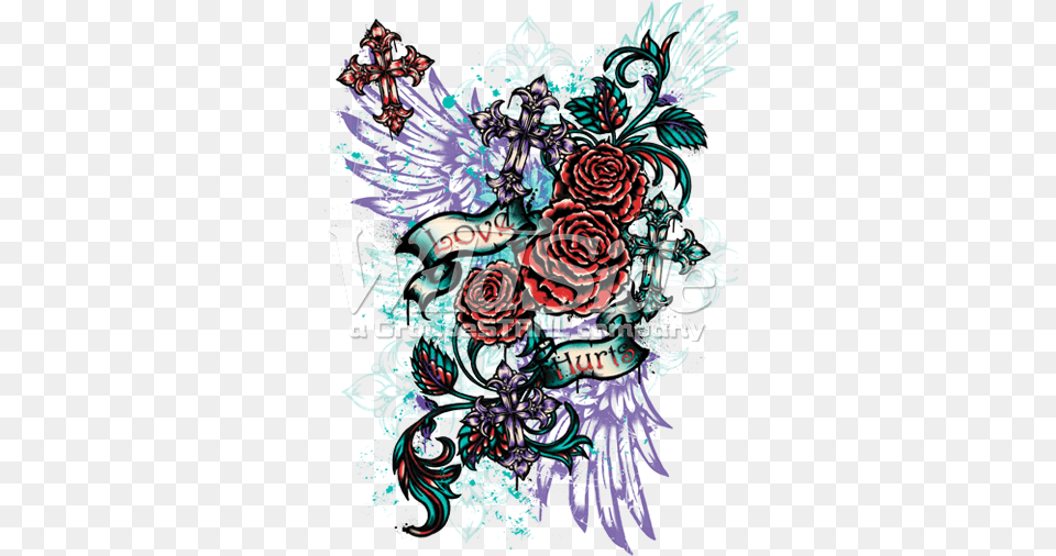 Love Hurts With Roses Wings Amp Crosses Drawing, Art, Floral Design, Graphics, Pattern Free Transparent Png