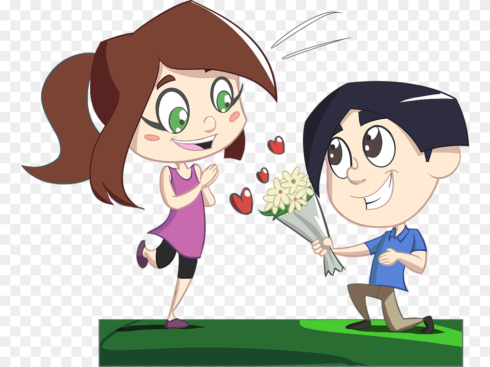 Love Story Couple On Pixabay Flowers Cartoon Boy Girl, Person, Baby, Face, Head Png Image