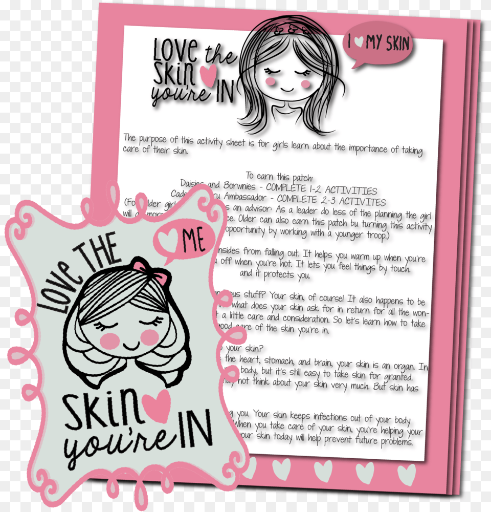 Love The Skin Your E In Patch Activity Sheet Girl Scout Broadway Patches, Advertisement, Poster, Adult, Person Free Transparent Png
