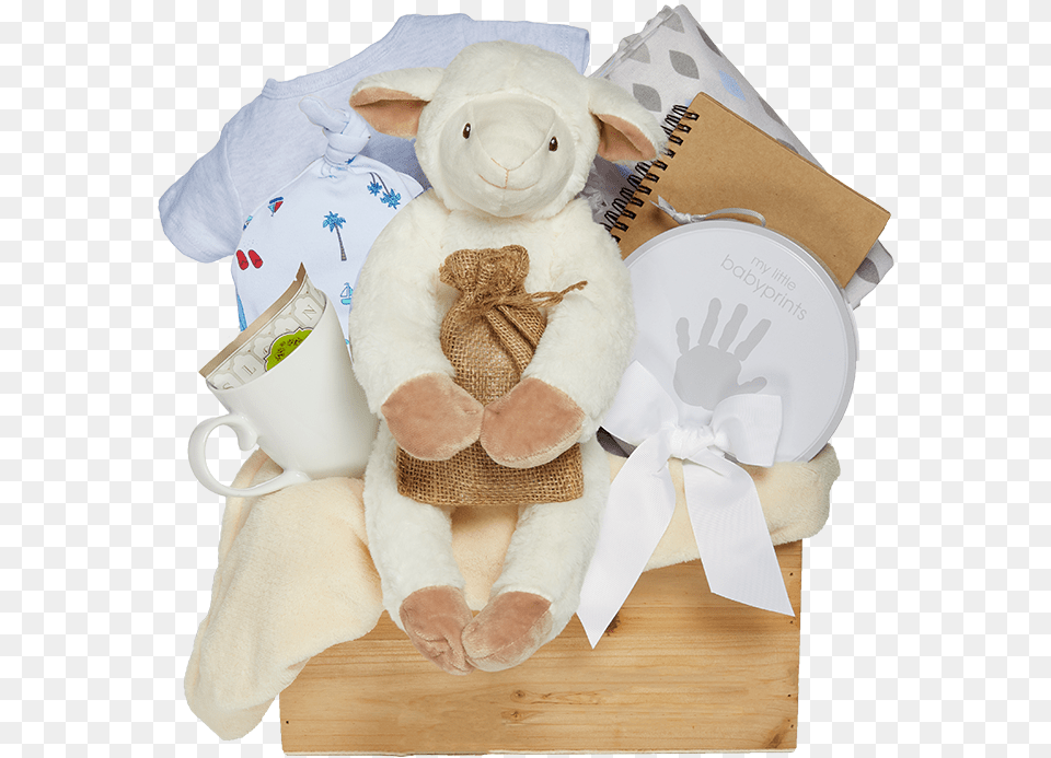 Lovely Lamb Baby Gift Basket Blue Delivery Shipping Stuffed Toy, Teddy Bear, Beverage, Coffee, Coffee Cup Free Png Download
