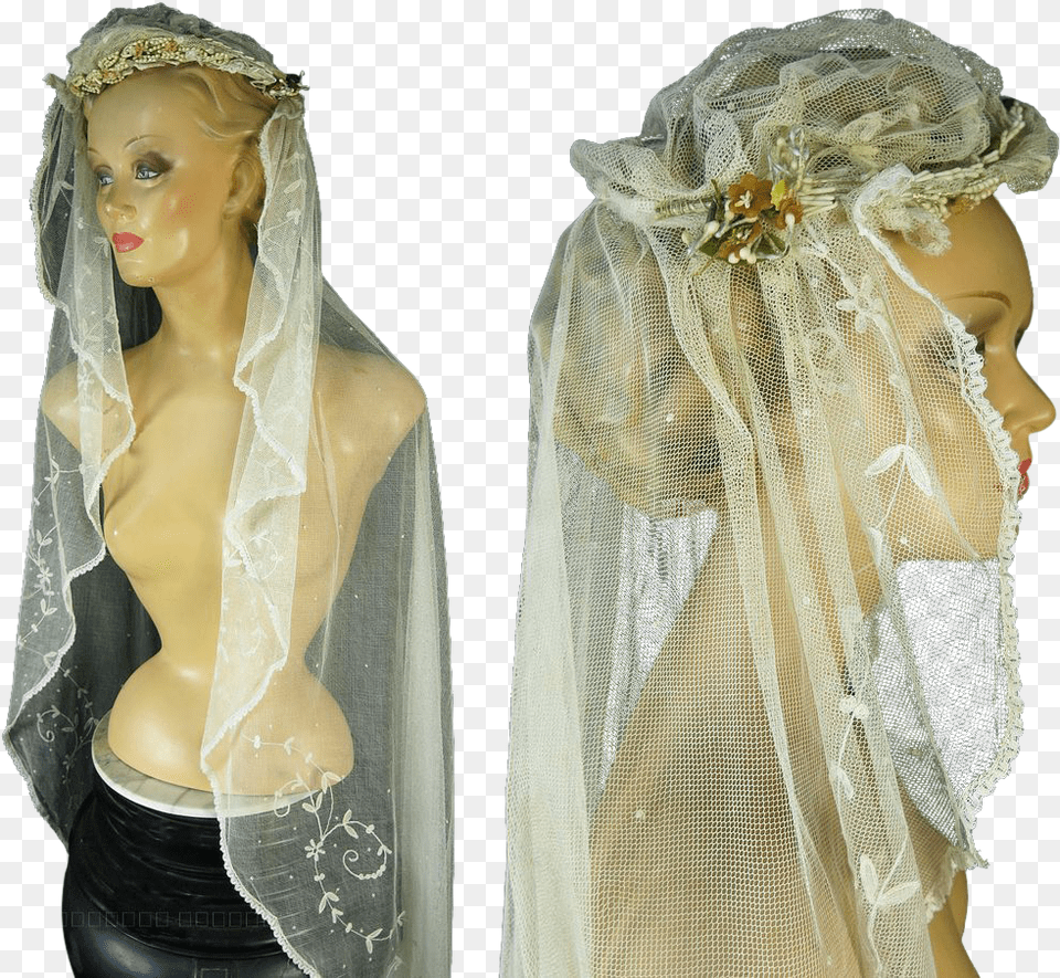 Lovely Vintage 1920 S Tambour Lace Wedding Veil With Bridal Veil, Clothing, Bridal Veil, Person, Gown Png Image