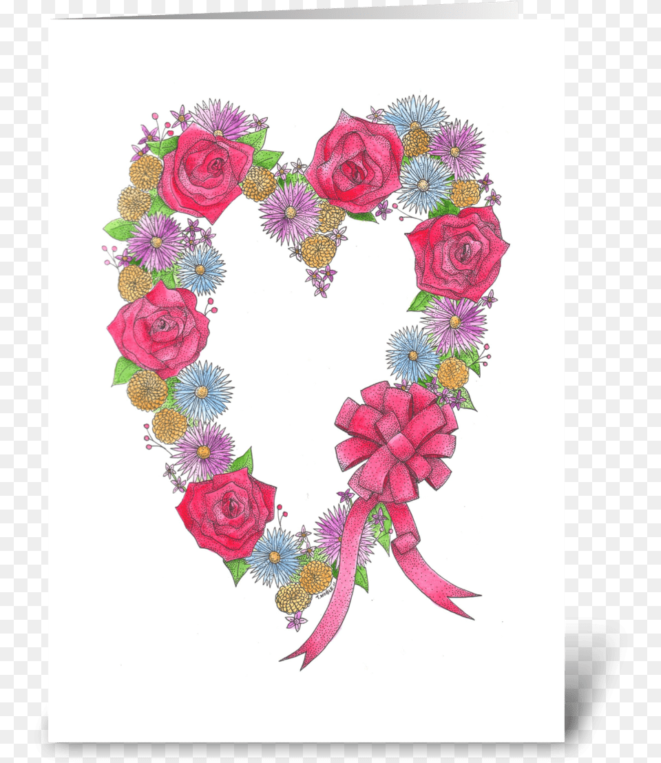 Lovely Wreath Of Flowers Greeting Card Heart, Flower, Flower Arrangement, Plant, Pattern Png Image