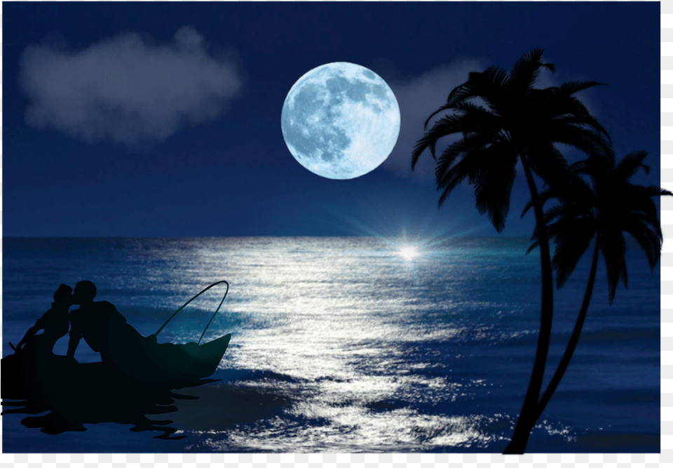 Lua Mar Casal Amor Coqueiro Full Moon Party Moon, Outdoors, Astronomy, Night, Nature Free Png Download