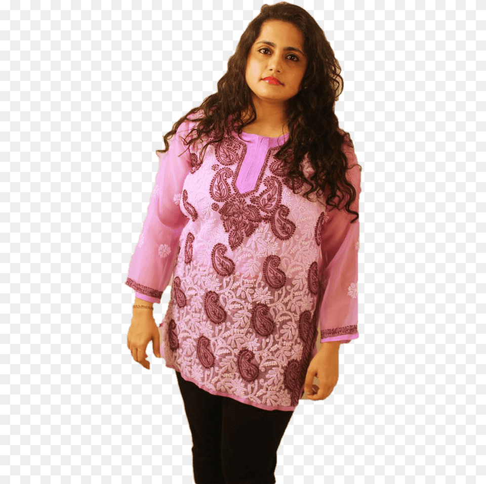 Lucknowi Short Kurti With Front Embroidery Girl, Blouse, Clothing, Adult, Person Free Png Download