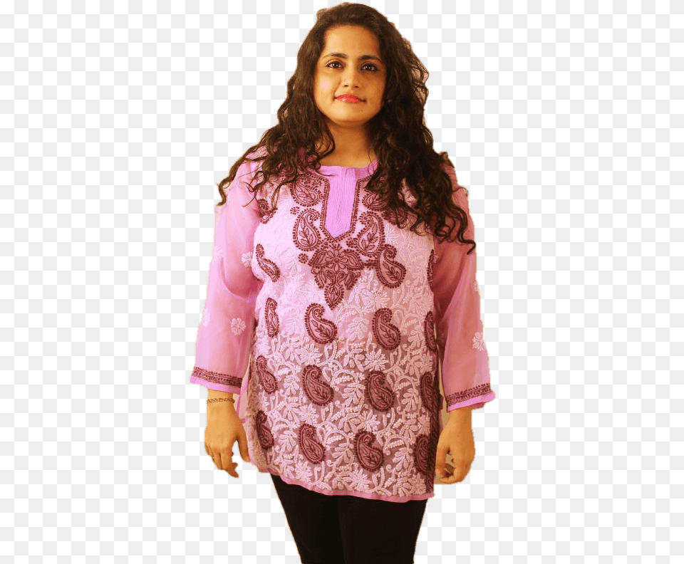 Lucknowi Short Kurti With Front Embroidery Girl, Blouse, Clothing, Pattern, Adult Png