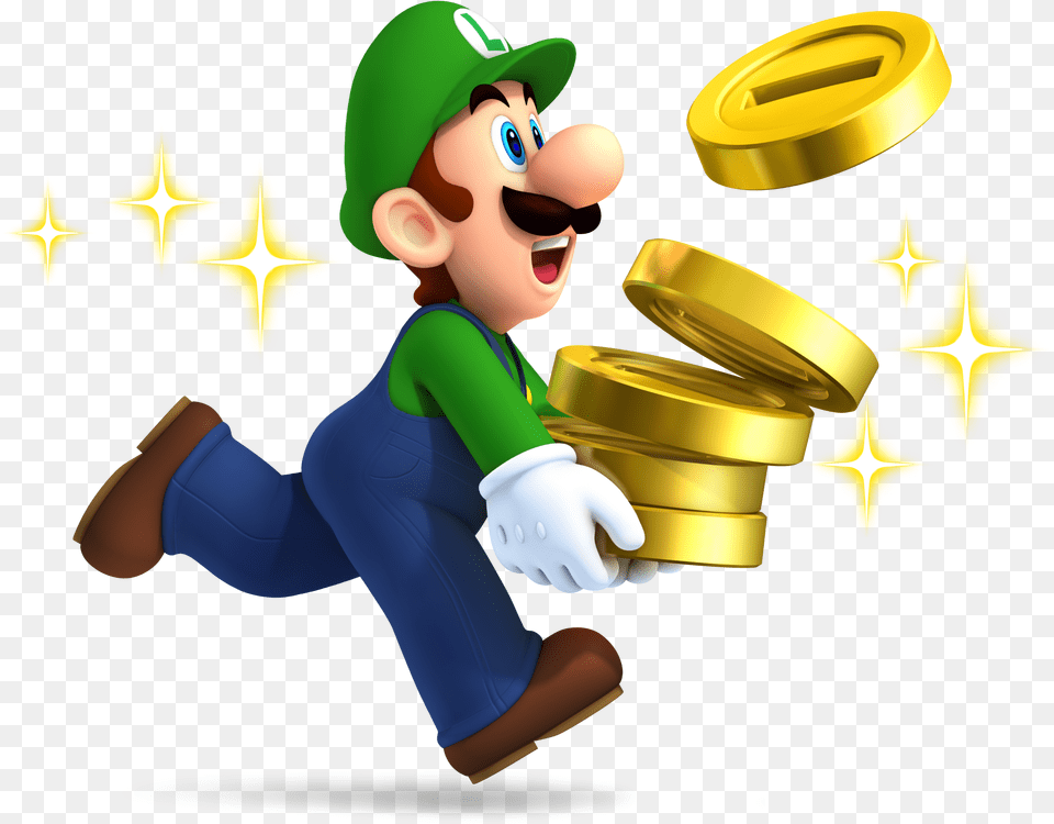 Luigi With Coins New Super Mario Brothers 2 Nintendo, Tape, Clothing, Glove, Baby Free Png Download