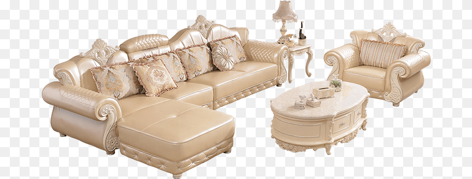 Luxury French Style Golden Leather Wooden Corner Sectional Couch, Furniture, Home Decor, Table, Cushion Png