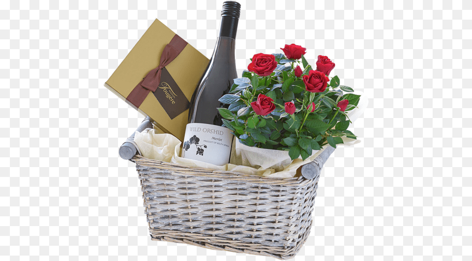 Luxury Red Wine Gift Basket Flowers And Wine Gift Baskets, Flower, Flower Arrangement, Flower Bouquet, Plant Png Image