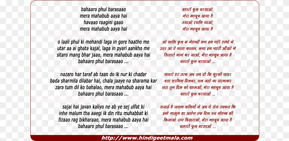 Lyrics Of Song Baharon Phool Barsao Mera Mehboob Aaya Chal Ud Ja Re Panchi Lyrics, Text, Menu Png Image