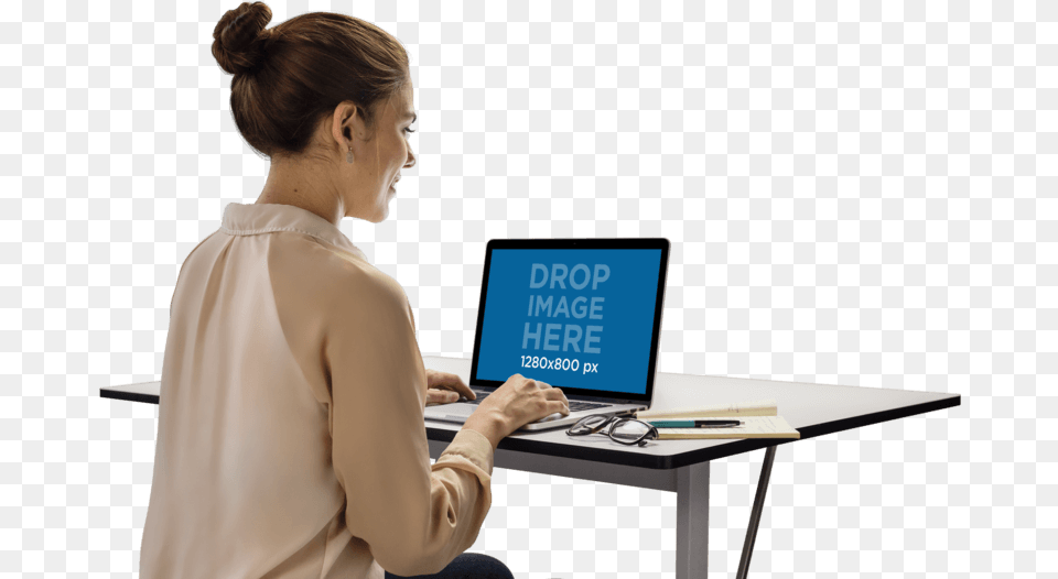 Macbook Mockup Template Of A Woman Typing Coffee Table, Adult, Sitting, Person, Pc Png