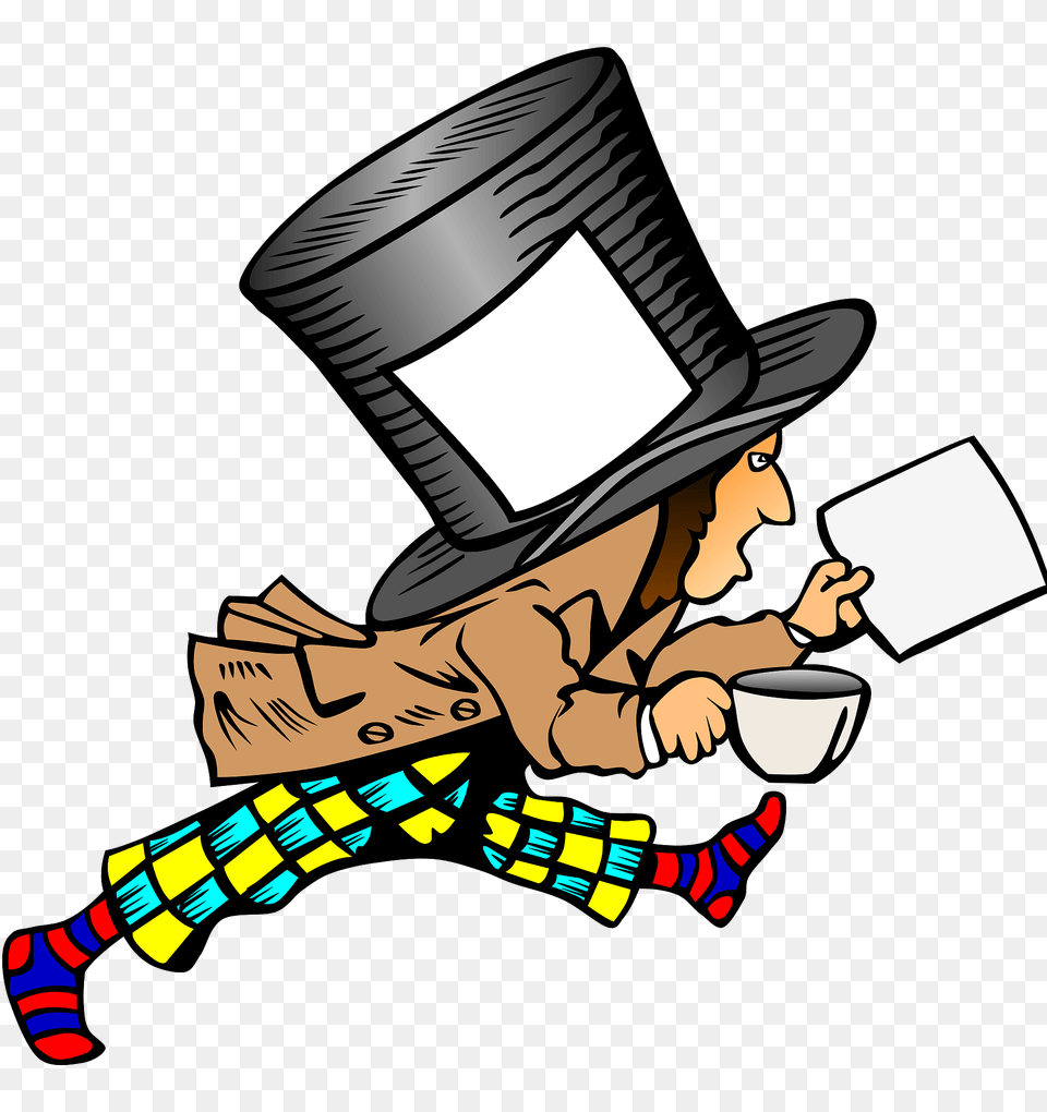 Mad Hatter With Clean Label On Hat Holding Paper Clipart, Clothing, Adult, Person, Man Free Transparent Png