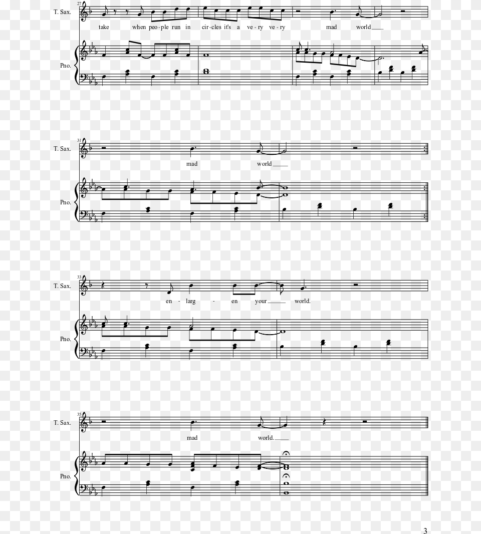 Mad World Sheet Music Composed By Roland Orzabal 3 Mad World Saxophone Notes Alt, Gray Free Transparent Png