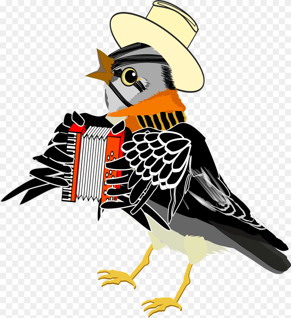 Magpie Wearing A Top Hat Playing An Accordion Clipart, Clothing, Animal, Beak, Bird Free Transparent Png