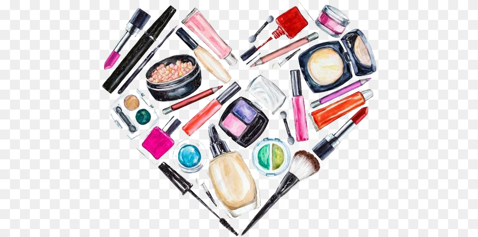 Makeup Cosmetic Transparent Watercolour Painting Of Makeup, Cosmetics, Brush, Device, Lipstick Png Image