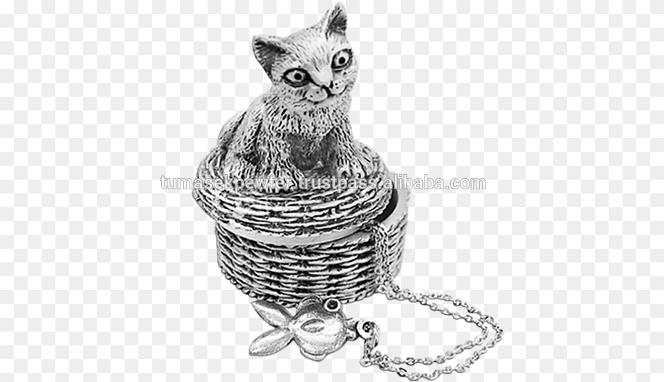 Malaysia Pewter Kitty Cat Trinket Box With Matching Sketch, Basket, Animal, Mammal, Pet Png Image