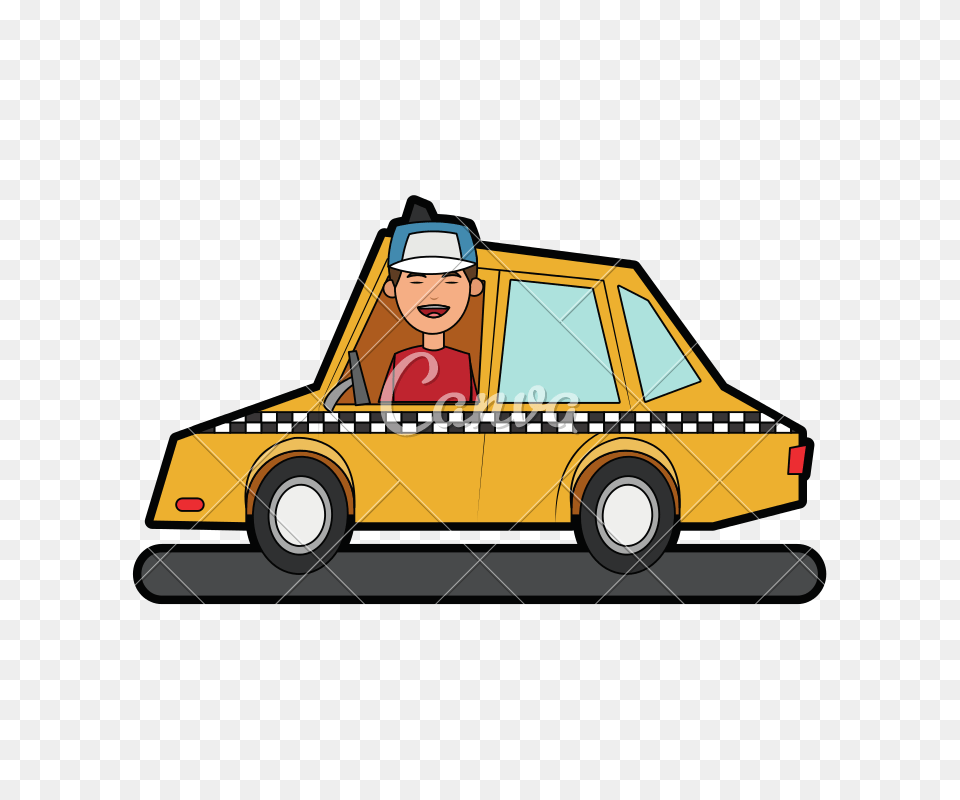 Man Driving A Taxi Cab Vector Illustration, Vehicle, Car, Transportation, Person Free Png
