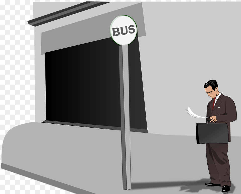 Man In A Suit Waiting For A Bus Black And White Clipart, Screen, Bus Stop, Person, Electronics Free Transparent Png