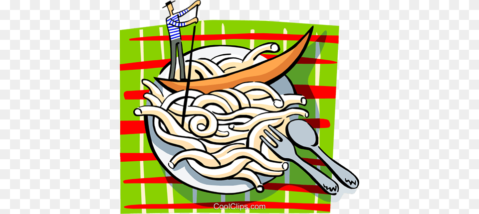 Man In Gondola In Plate Of Pasta Royalty Vector Clip Art, Cutlery, Fork, Spoon, Person Png