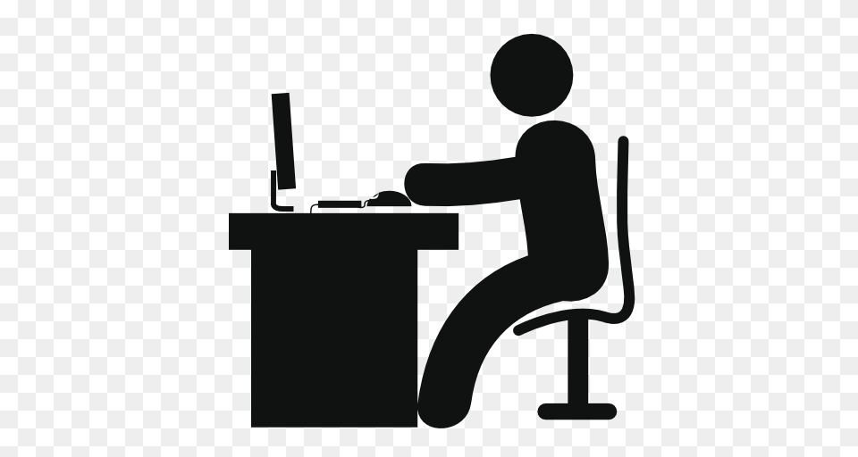 Man In Office Desk With Computer Vector Icons Designed, Stencil, Furniture, Table, Smoke Pipe Png Image