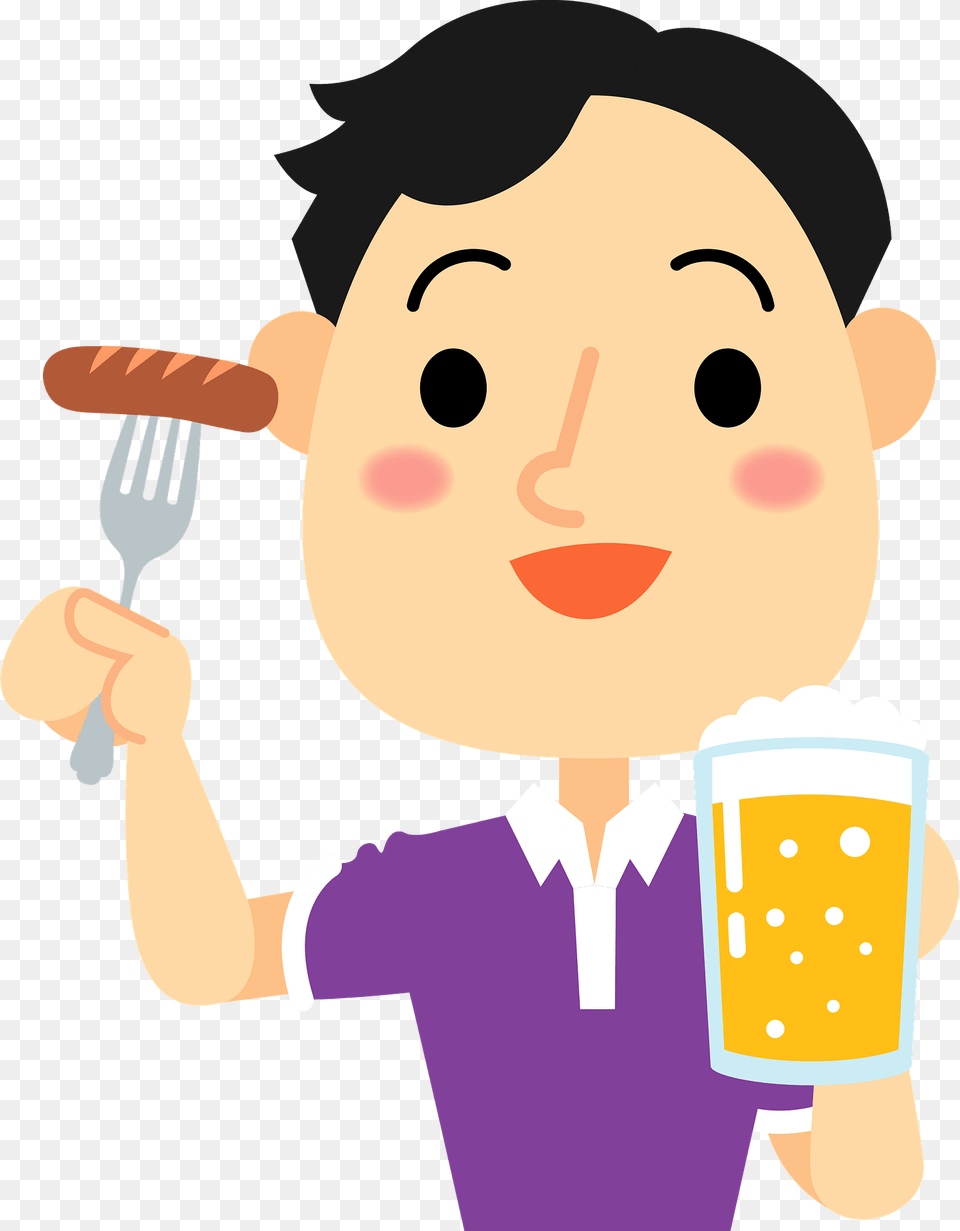 Man Is Drinking Beer And Eating Sausage Clipart, Cutlery, Fork, Baby, Person Free Png